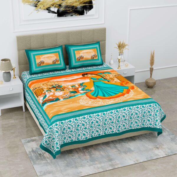 Rajasthani Jaipuri-Stylish Cotton Queen Size Printed Bedsheet with two pillow covers. 