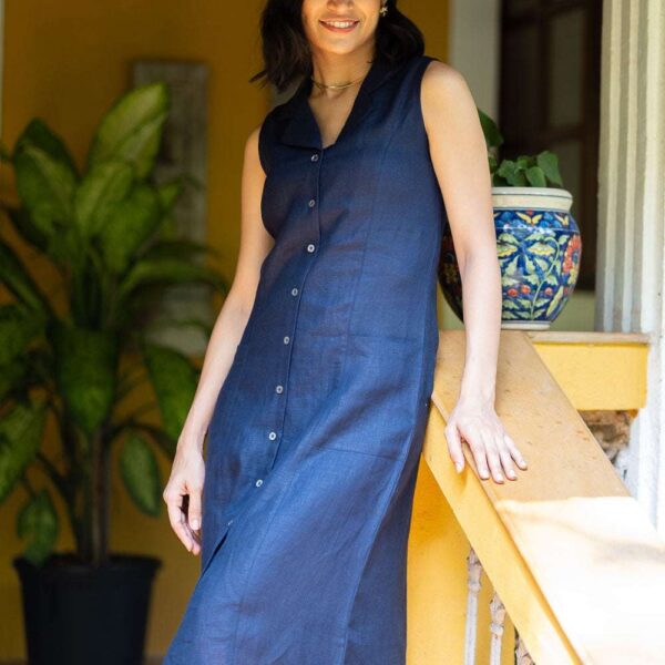 Women's Cotton Solid Oversized Fit Spread Collar Sleeveless Dresses ( Navy Blue )