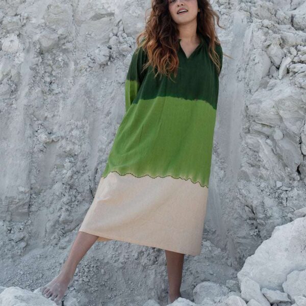 Women's Cotton Tie-Dye Print Loose Short Sleeveless Tunic Dress ( Green )